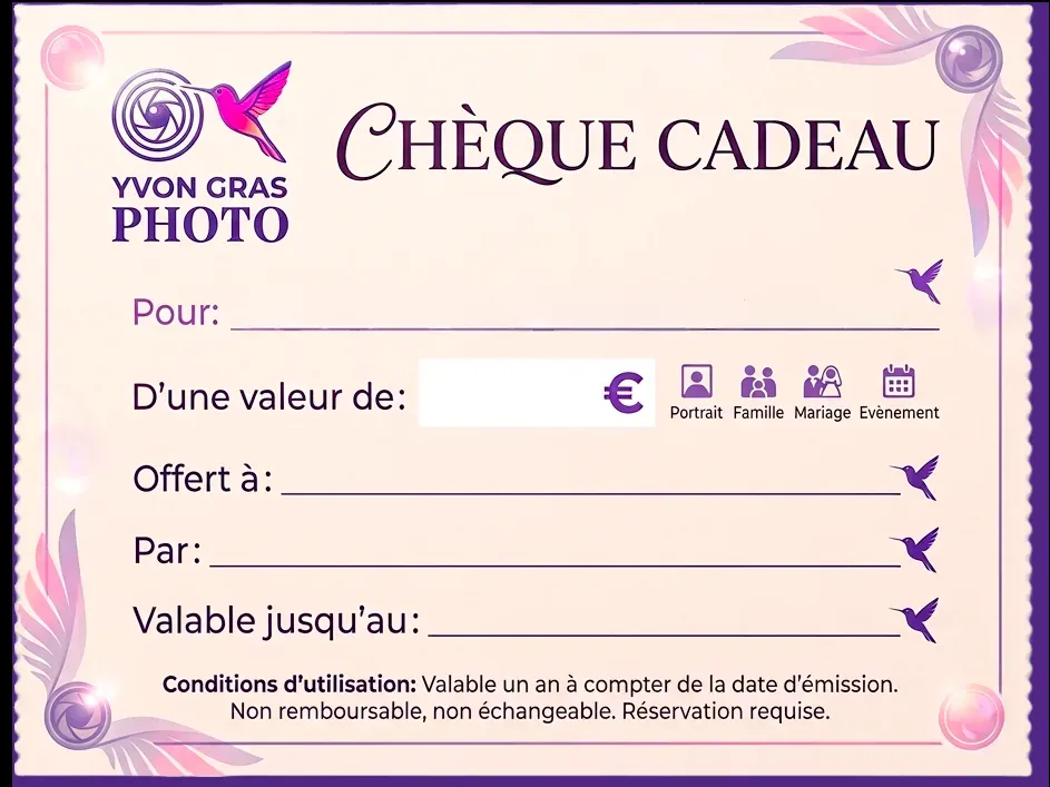 Chèque cadeau Yvon Gras Photo à offrir pour une séance photo portrait, famille, mariage ou événement